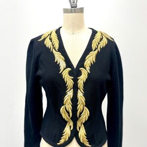 Vintage Gold Leaf Embroidered Black Women's Cardigan
